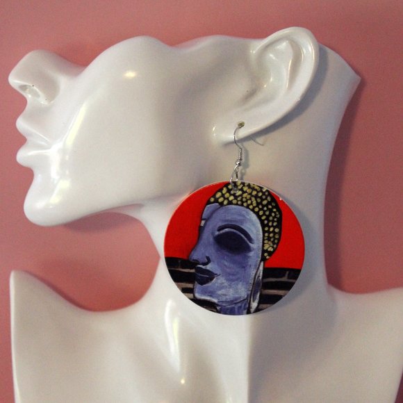 Kim Magee Art Jewelry - Red Buddha Wood Earrings Statement Jewellery